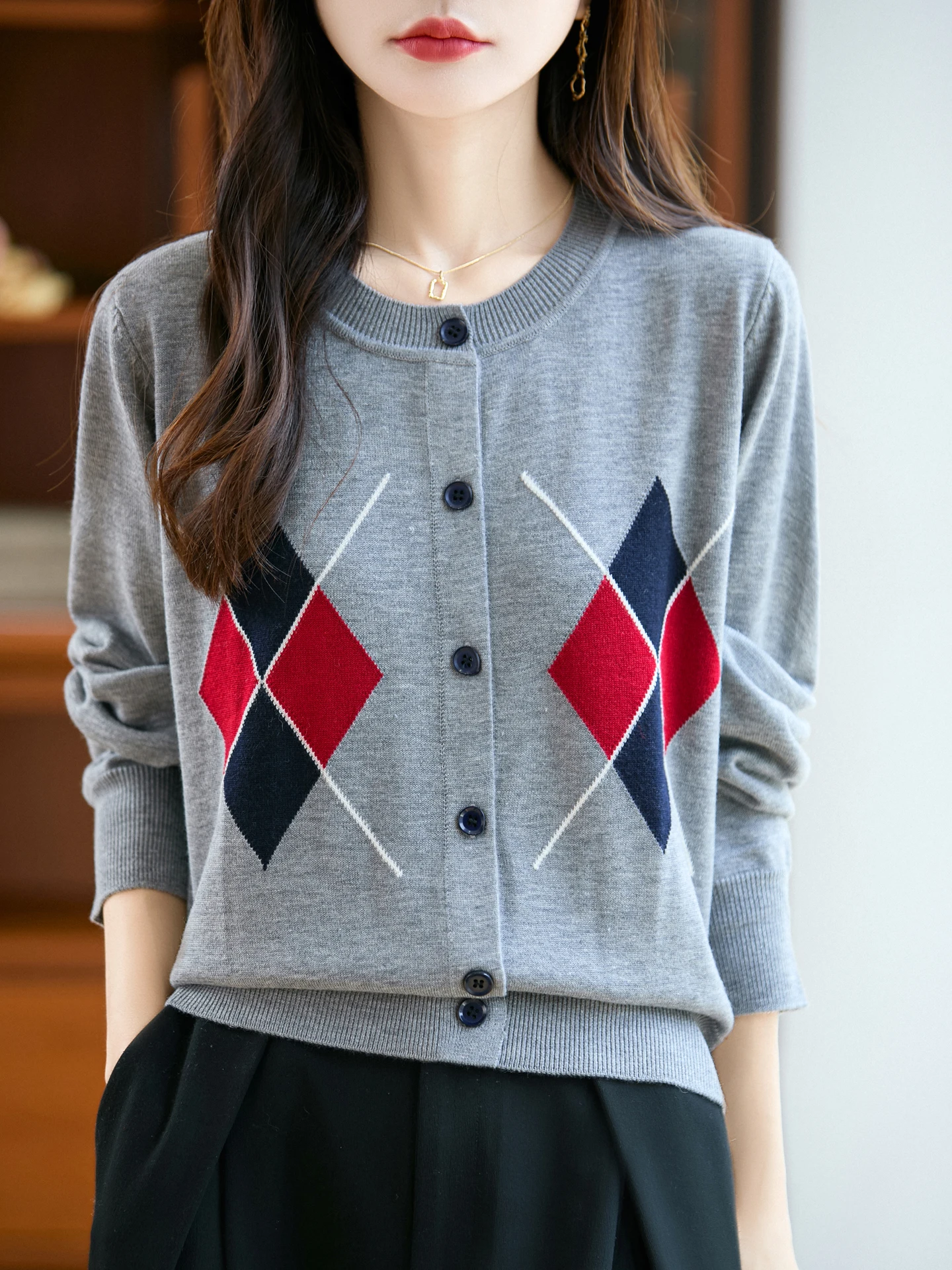 

Свободный вязаный кардиган с длинными рукавами и круглым вырезом для женщин, классический узор в ромб, верхняя одежда для многослойных образов