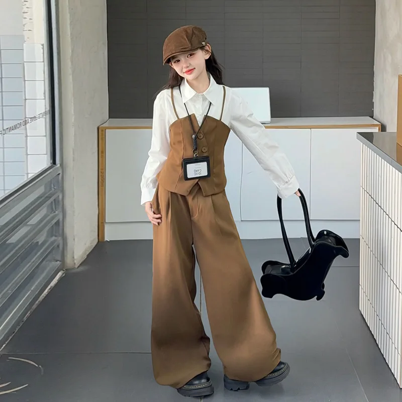 

Детские комплекты из 2 предметов для девочек, осенняя лоскутная футболка с отложным воротником для девочек-подростков, детские широкие брюки для девочек, наряд для девочек от 4 до 14 лет