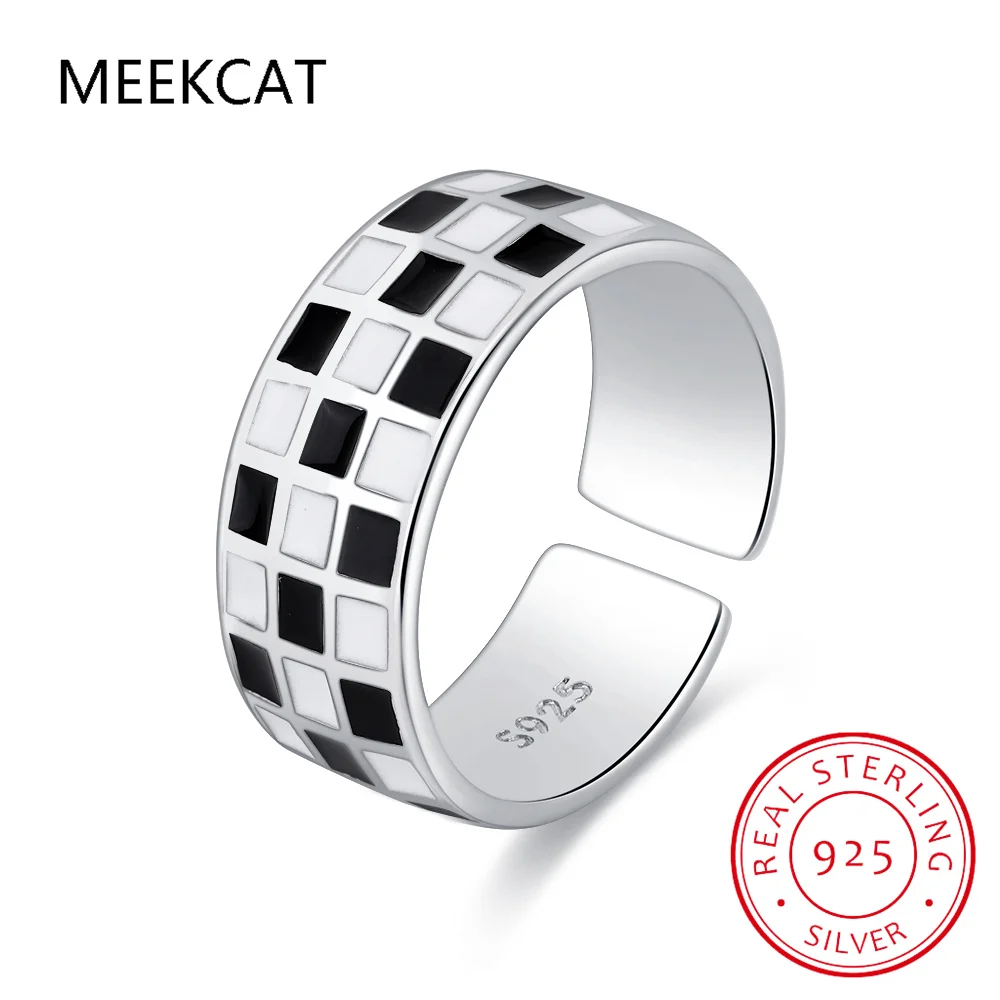 

925 Sterling Silver Rings INS Fashion Hip Hop Vintage Couples Unique Black and White Grid Pattern Design Party Jewelry Bague