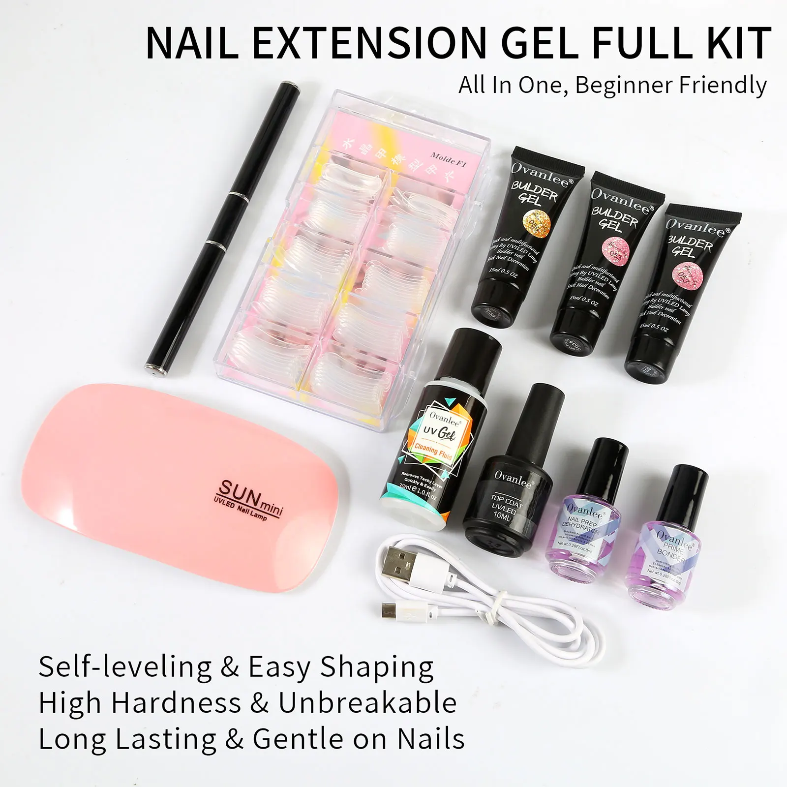 Ovanlee All-in-One Nail Extension Builder Gel Kit – Complete Beginner Set with 3 Color Polygel Tubes, Portable UV/LED Nail Lamp, Dual Forms & Tools, Self-Leveling & High Hardness for DIY Salon Manicure (15ml)