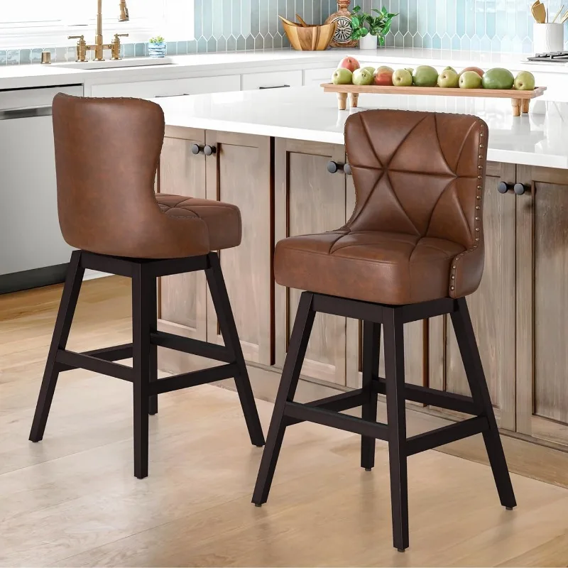 Counter Height Bar Stools Set of 2, 26" H Swivel Bar Stool with Back, Faux Leather Counter Stool, Solid Wood Legs