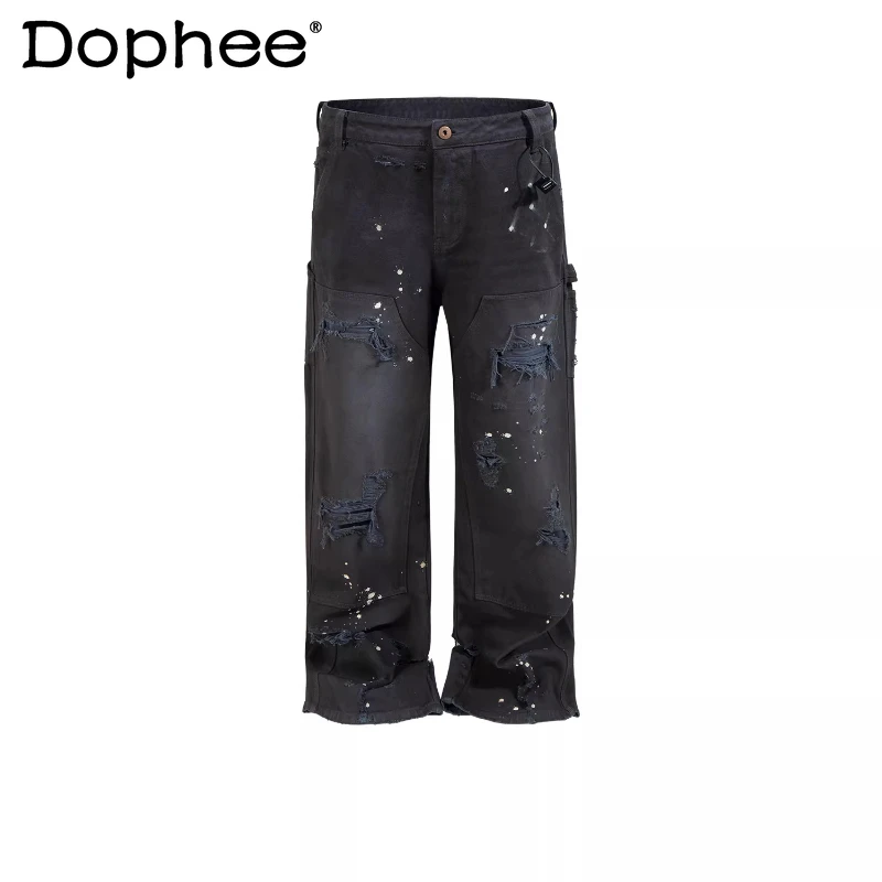 

Fashion High Street Wide Leg Jeans Men Women 2026 Spring Autumn Hole Design Zipper Denim Trousers Personality Trendy Denim Pants
