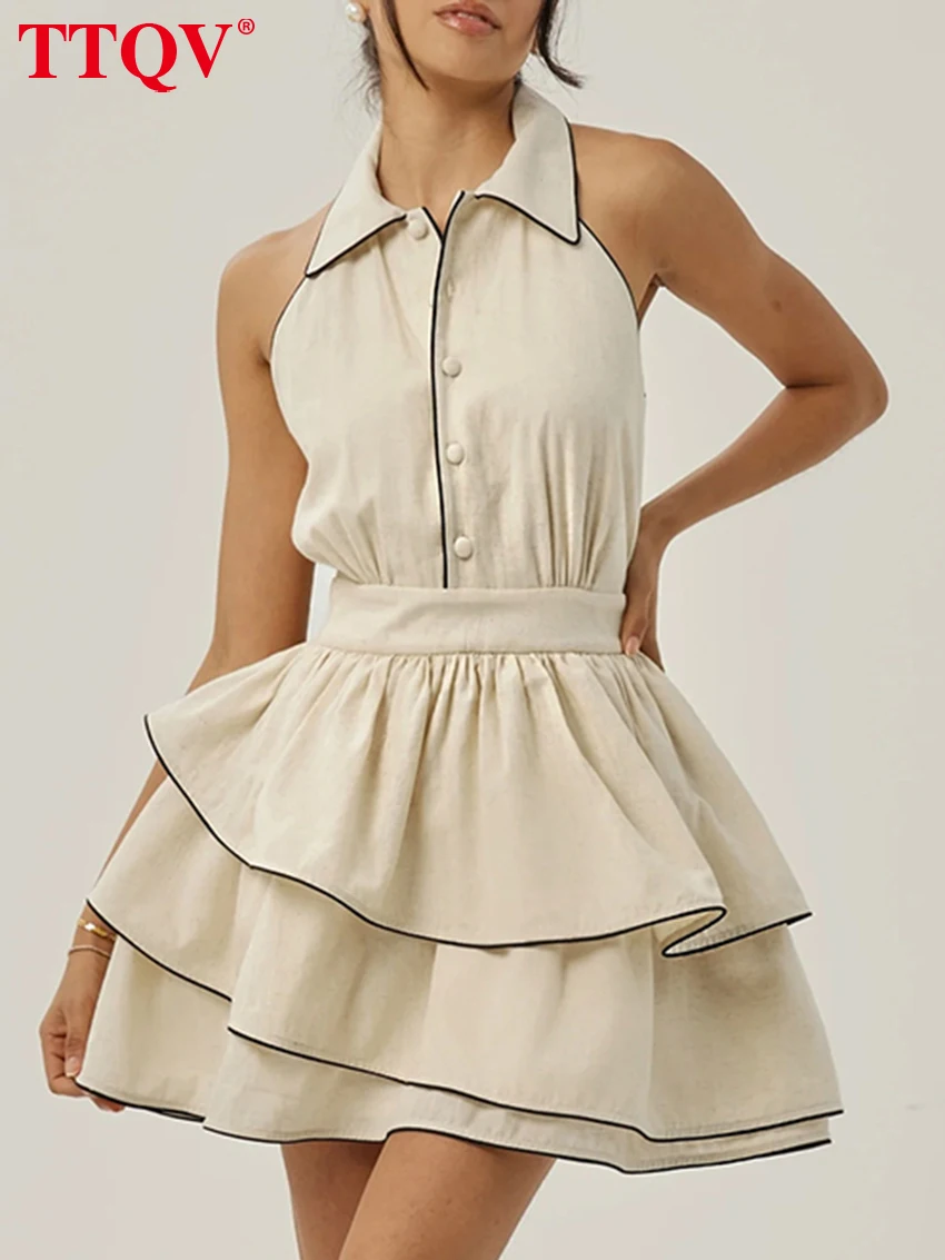 

TTQV Sexy Slim Beige Cotton Women's Dress 2026 Summer Lapel Sleeveless Mini Dresses Elegant High Waist Pleated Female Dress