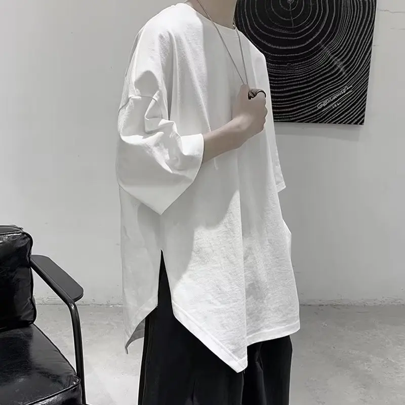 Summer Oversized T-shirt Solid Round Neck Loose Side Split T Shirt for Men Harajuku Half Sleeve Tee Simple Daily Tees