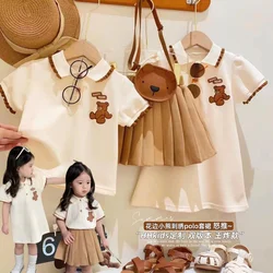 2023 Summer Korea Kids Clothes for Girls Cute Bear Polo T-shirt + Pleated Skirt 2 Piece Suit Baby Girls Strawberry Polo Dress