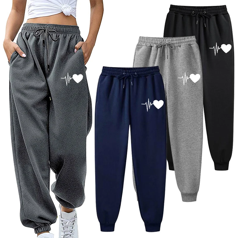 ECG Heartbeat & Love Symbol Print Joggers para mujer, pantalones deportivos elásticos de secado rápido con un cómodo diseño de cintura elástica