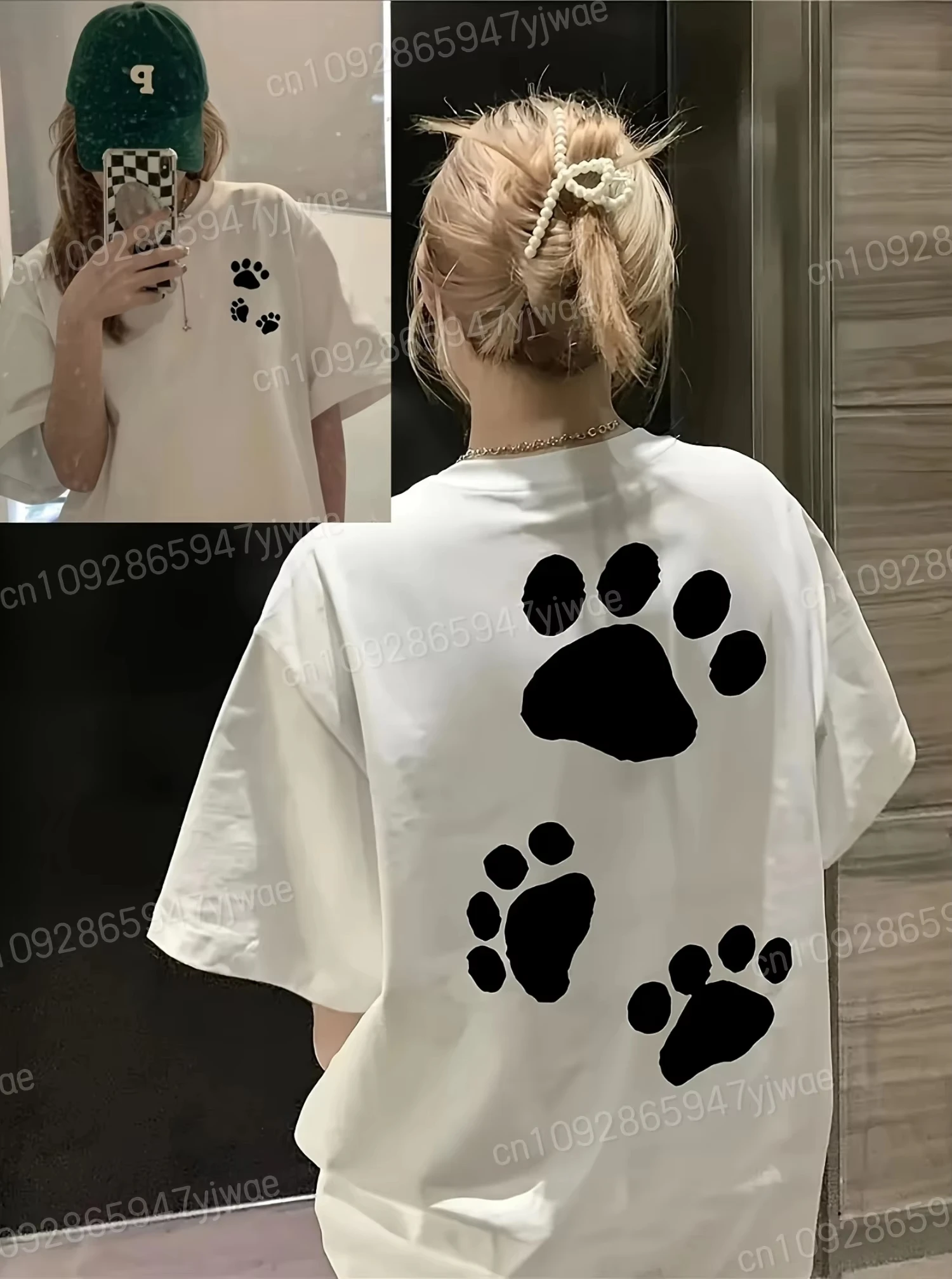 

Summer Fashion Women's Short-Sleeve T-Shirt Loose Fit Round Neck Tops with Cat Paw Print Casual Loose Clothes Women Tops