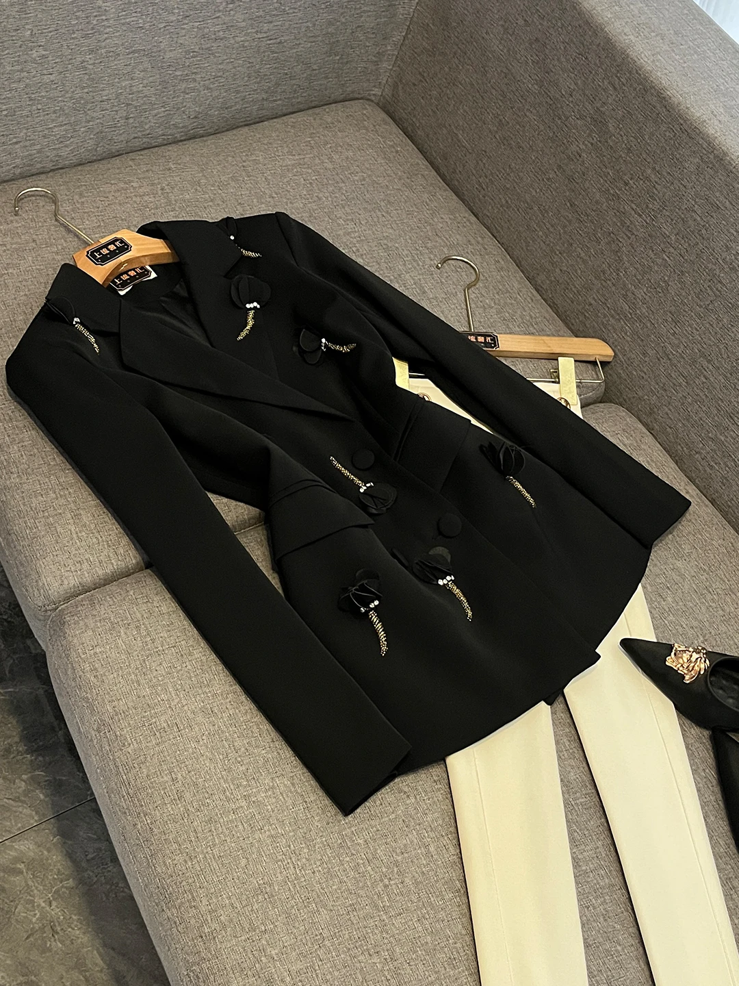 

Ele 2025 New Women's Suit Faionable 3D Flower Splicing V-ne Double Buttoning Briti Sle Loose Fit Long Sve