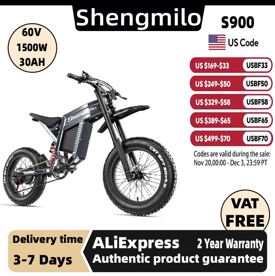 

Shengmilo S900 Adult 1500W E-bike Men's E-Mountain ebike , 60V30AH Battery electric bicycle,20" Fat Tire Electric Bike