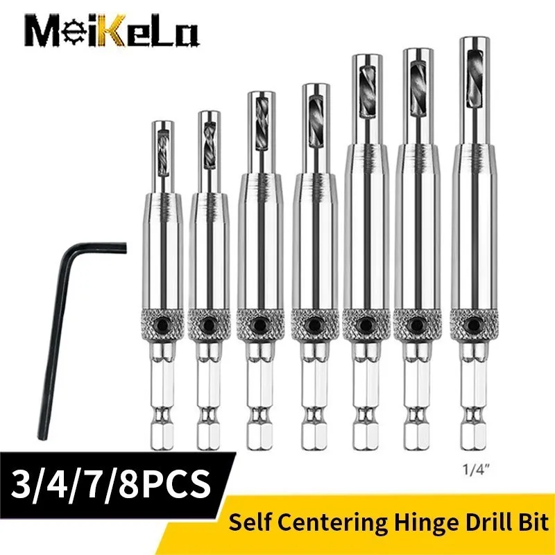 Meikela HSS Self Centering Hinge Drill Bit Door Cabinet Hinge Locating Hole Cutter Woodworking Tool 3/4/7/8PCS Center Drill Bit