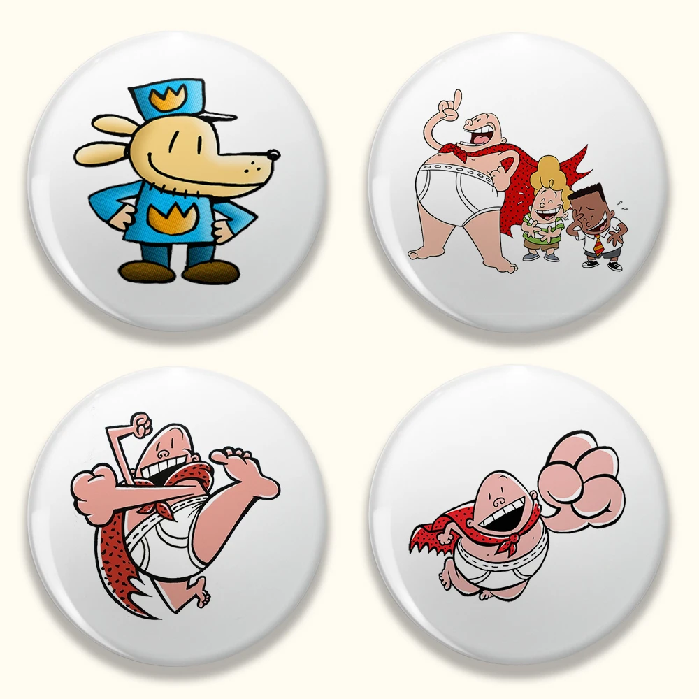 Cute Captain Underpants Round Badges for Accessories Dog Man Profesor George Button Brooch Pins Fans Friends Birthday Gifts
