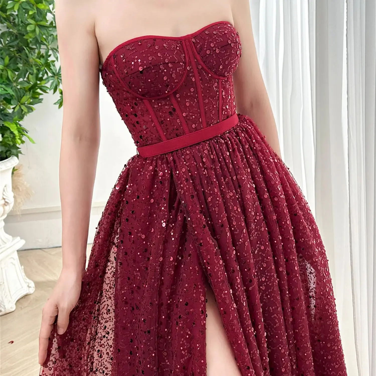 

Aileen Bead Embroidery Off the Shoulders Sweetheart Claret Customized Evening Dresses for Formal Occasions Ball Gowns Party