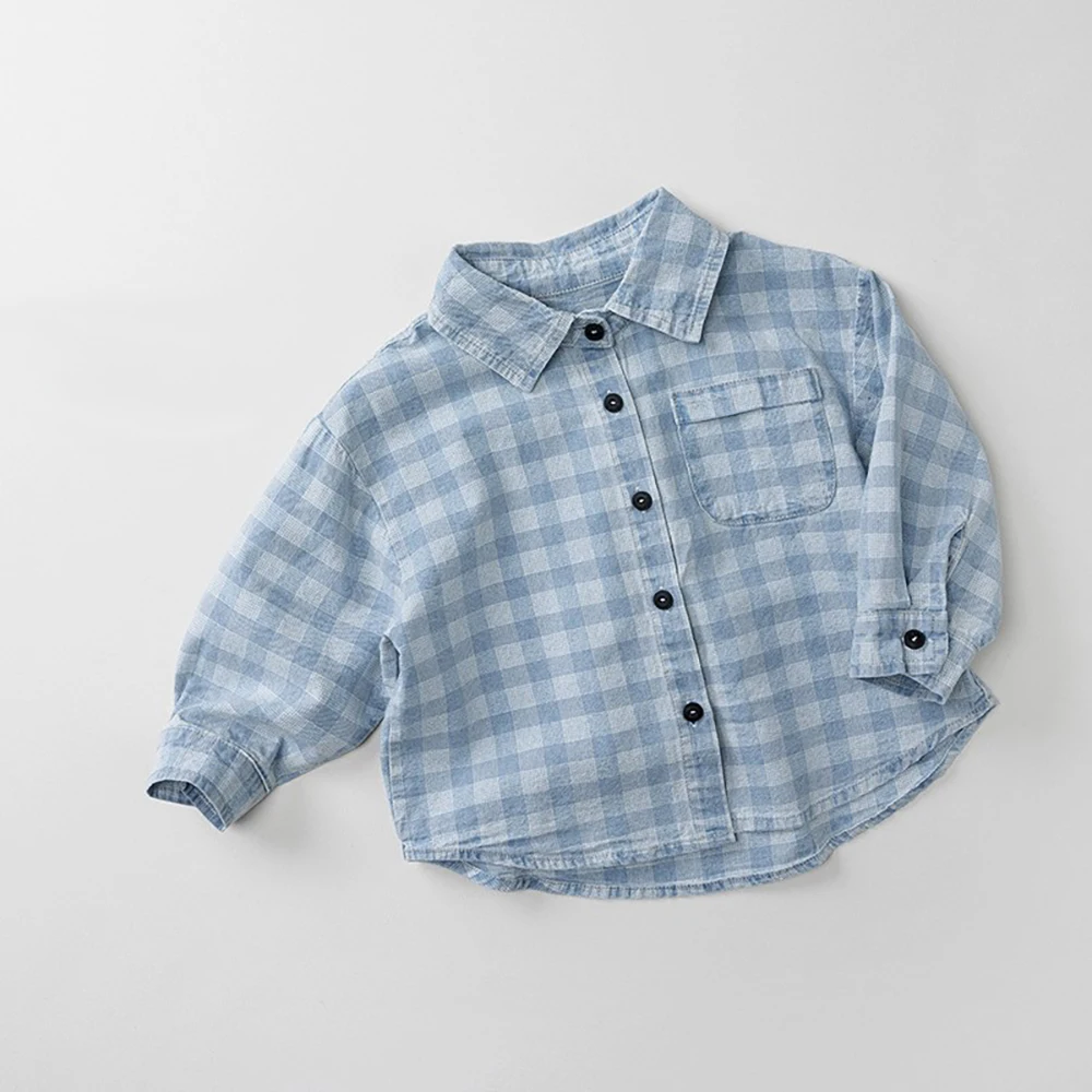 

Детские синие джинсовые рубашки в клетку для мальчиков, новинка 2026 года, весенние повседневные тонкие куртки на одной пуговице, детская одежда, верхняя одежда, рубашка