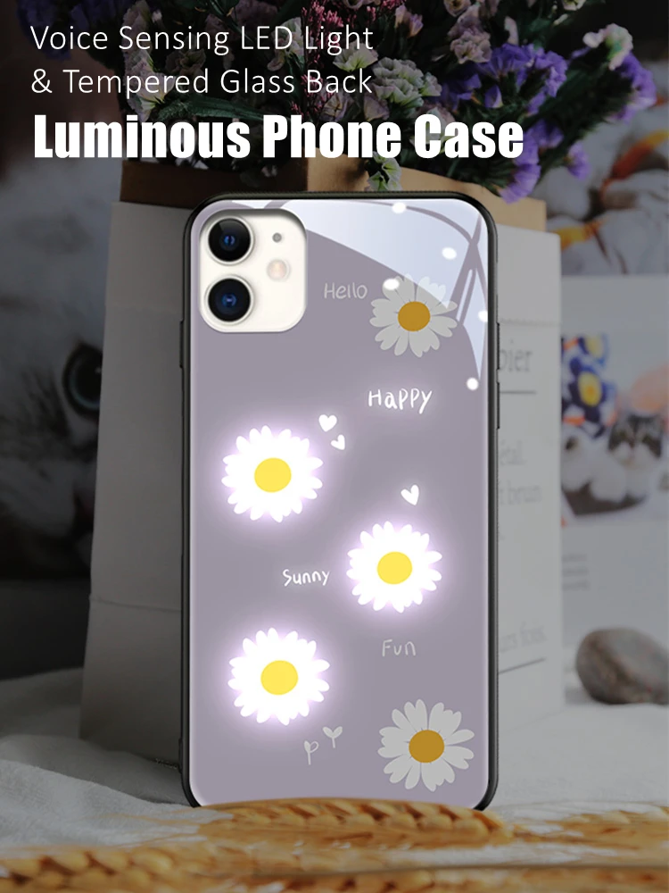 

Couples Daisy Flower LED Light Glowing Luminous Tempered Glass Phone Case for OnePlus 6 6T 7 7T 8 8T 9 9R 10 Ace Nord N200 Pro