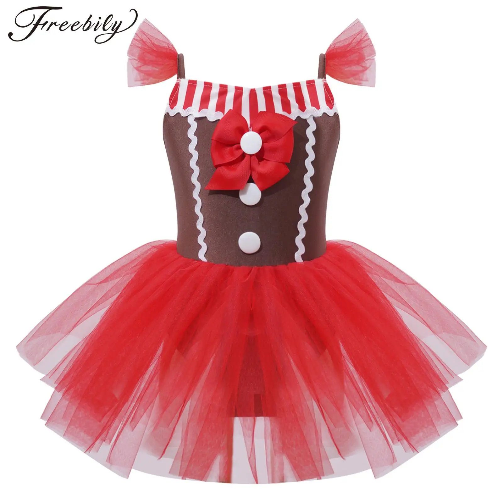 Kid Girls Christmas Gingerbread Cosplay Costume Sleeveless Bowknot Striped Leotard Tutu Dress for Halloween Carnival Theme Party