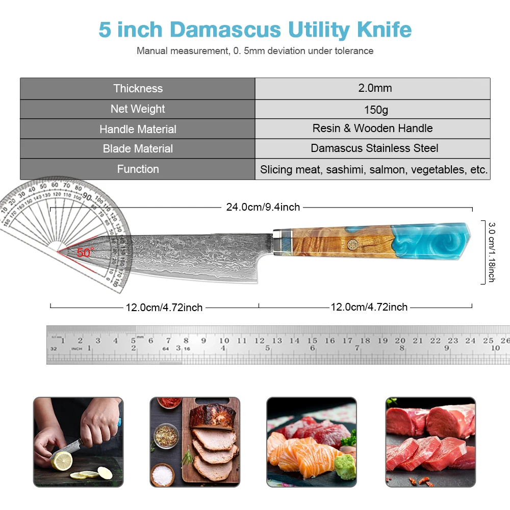 Japanese Damascus Utility Knife 5 Inch,VG-10 Cutting Core 67-Layer Damascus Steel,Ultra Sharp Kitchen Petty Knife Paring Knife