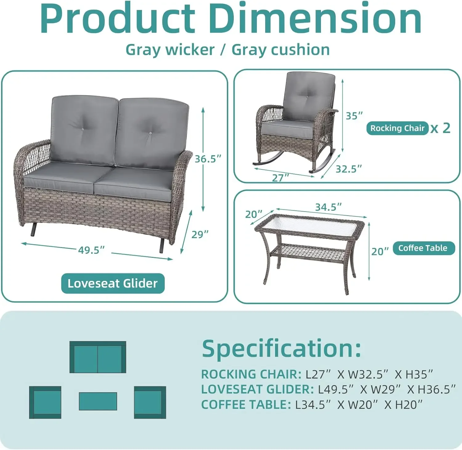 

4 Pieces Outdoor Wicker Patio Conversation Sets with Glider Loveseat, 2 Chairs with Glass-Top Coffee Table