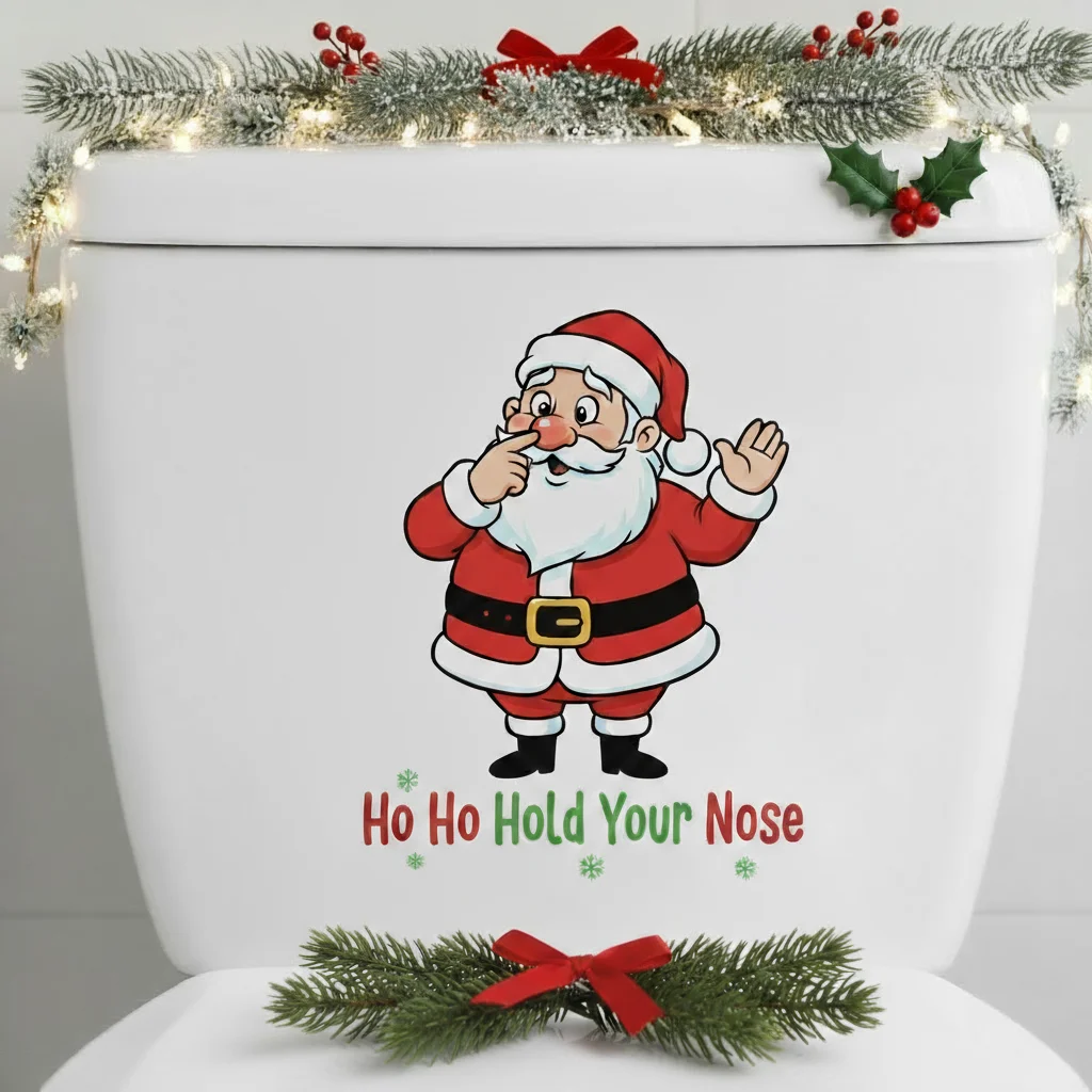 ملصق تواليت ذاتي اللصق "Ho Ho Hold Your Nose" - مقاوم للماء، فن عيد الميلاد المؤنس، سهل الاستخدام/إزالة ديكور الحمام