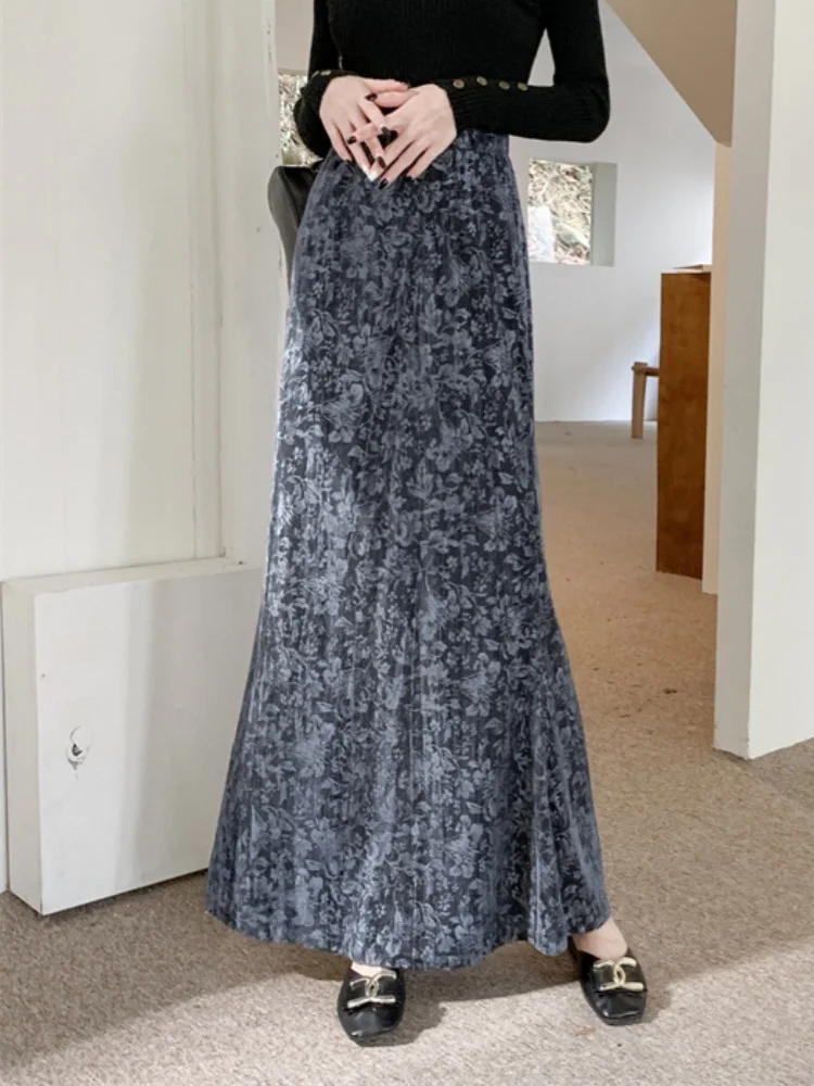 

SMTHMA 2025 New Autumn Winter 3D Printed Velvet Skirt For Women High Waist Slimming Trumpet Mermaid Long Skirt