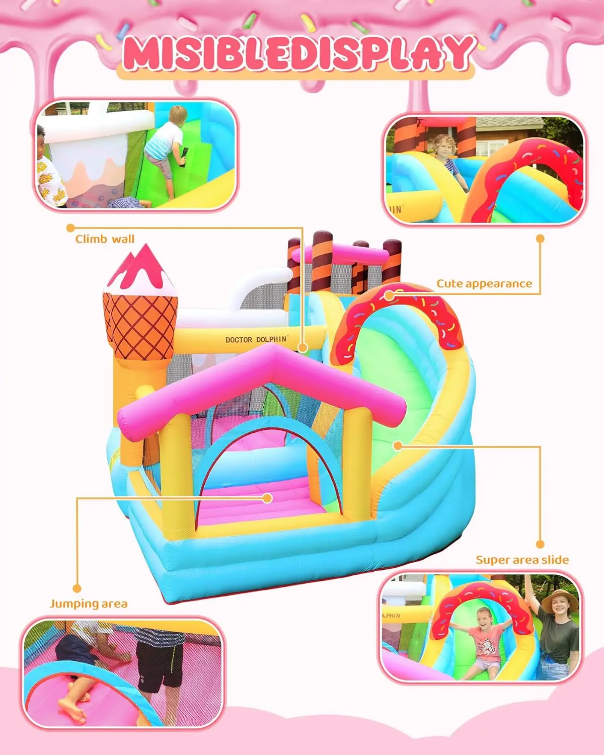 子供用インフレータブルバウンスハウス、アイスクリームドーナツデザートパーティー、送風機付き屋外遊び用、ロングスライドとボールプール付き