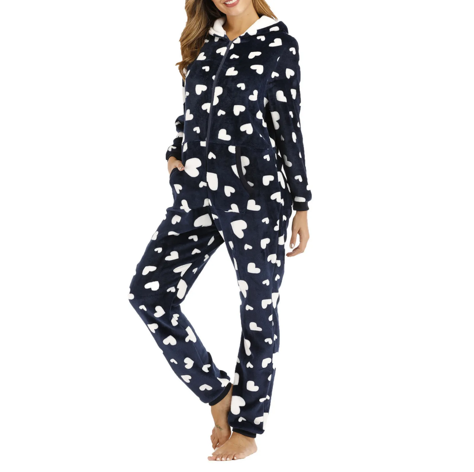 

2024 Autumn Winter Warm Fleece Onesies Plus Size Hooded Sets Pajamas Women Printed Loose Fit Zipper Homewear with Pocket