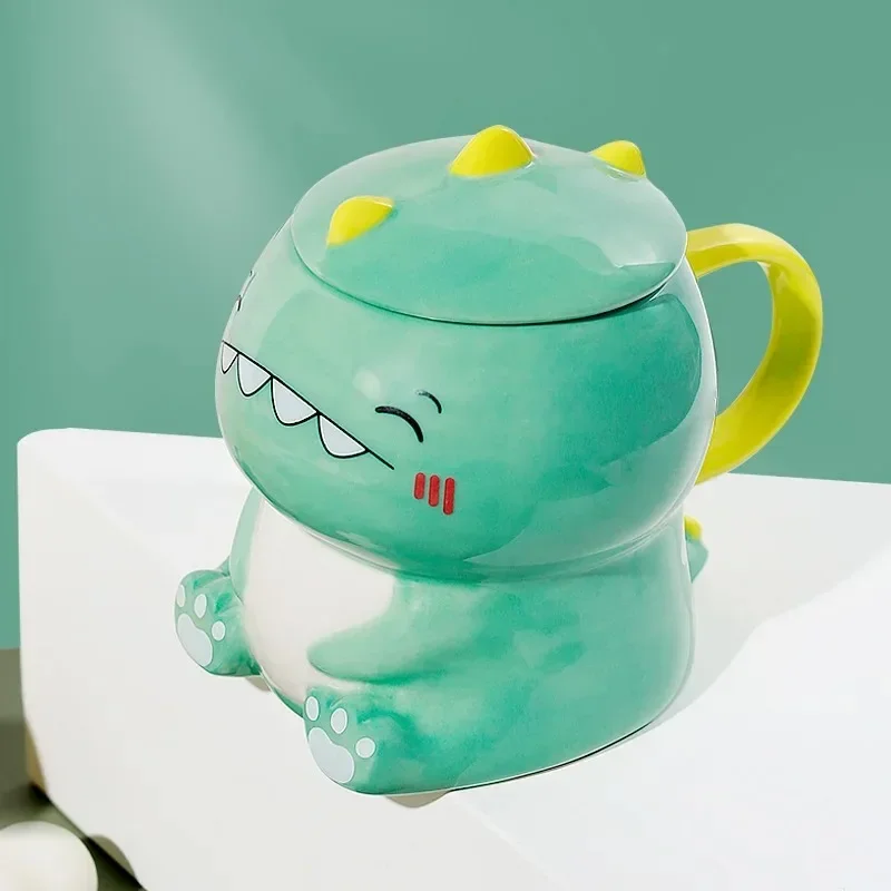 Kawaii Cute Dinosaur Ceramics Coffee Mug with Spoon Creative Hand Painted Drinkware Milk Tea Cups Novelty Gifts Home Office