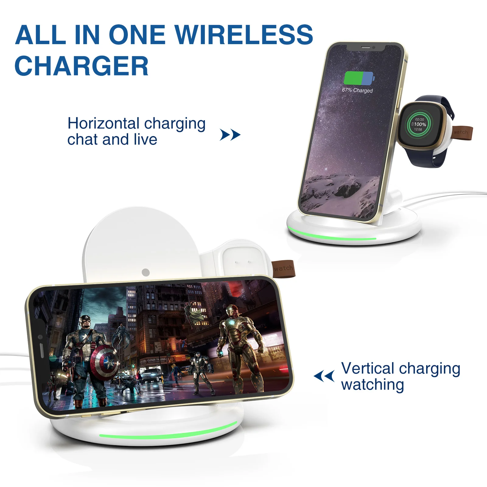 For all mobile phones supporting wireless charging and for Fitbit versa 3 for Fitbit sense smart watch three in one charger