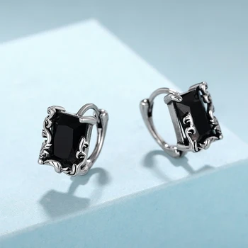 Huitan Single Geometric Black Zirconia Pierced Earrings Fashion Female Exquisite Pattern Design Silver Color Jewelry Charms Gift