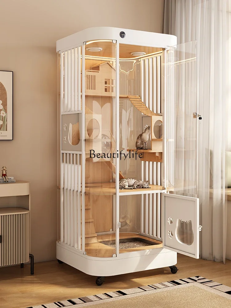 360 ° Smart Curved Panoramic Cat Villa Glass Transparent Luxury Solid Wood Showcase Cat Cage