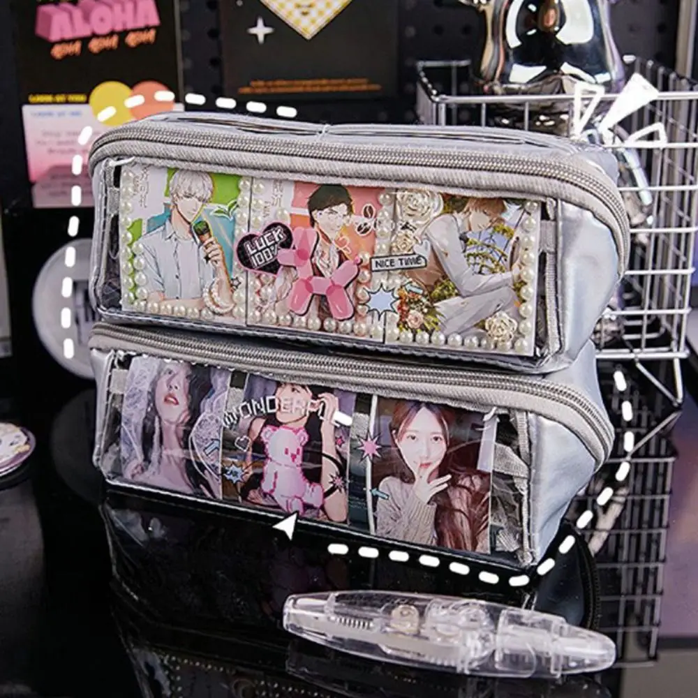 Kawaii American Pen Bag Large Capacity Silver Stationery Bag High Appearance Level Multi-Layer Pencil Case Primary School