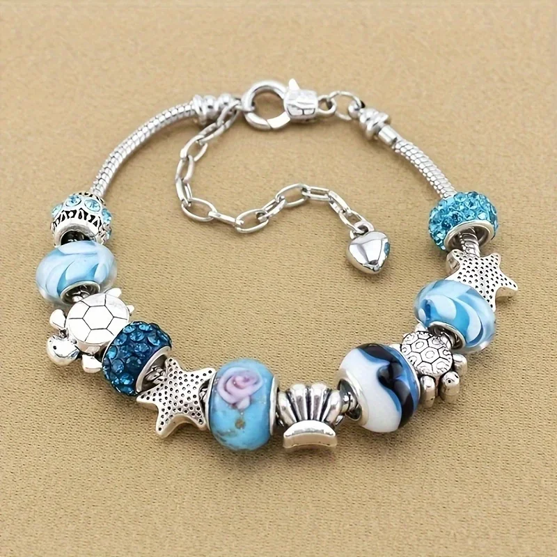 

1pc Exquisite Sea Star Turtle Blue Bohemian Alloy Bracelet Ocean Inspired Holiday Decorative Accessory for Boho Chic Style Lover