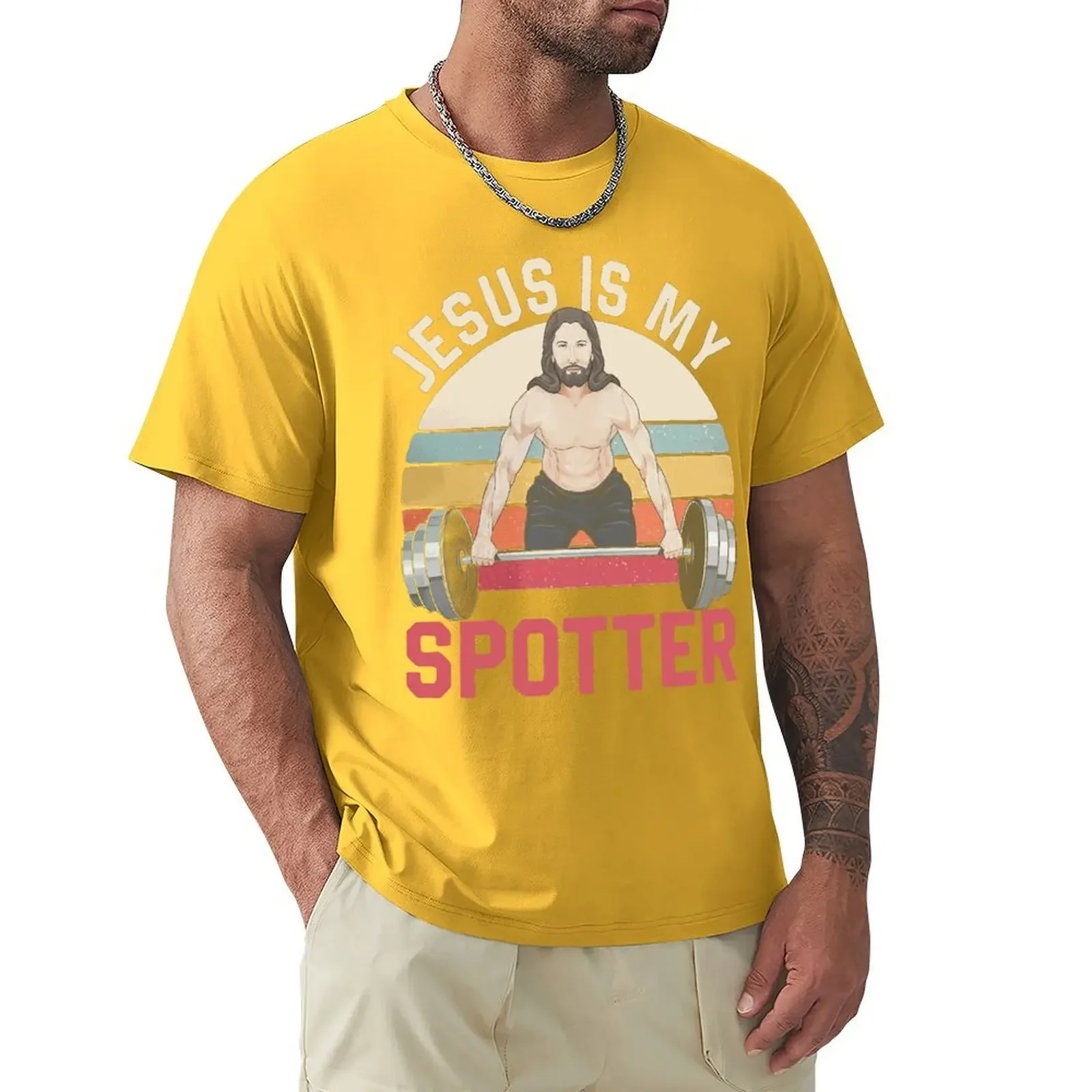 Męska koszulka Jesus Is My Spotter Zabawna chrześcijańska siłownia do podnoszenia ciężarów Vintage 100% bawełniana koszulka Fitness T-shirty Odzież