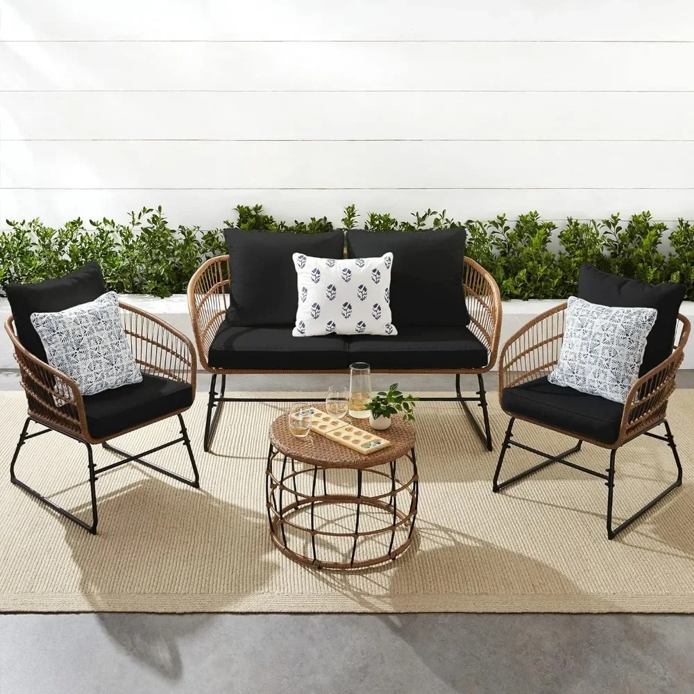 4-Piece Outdoor Rope Wicker Patio Conversation Set, Modern Contemporary Furniture for Backyard, Balcony