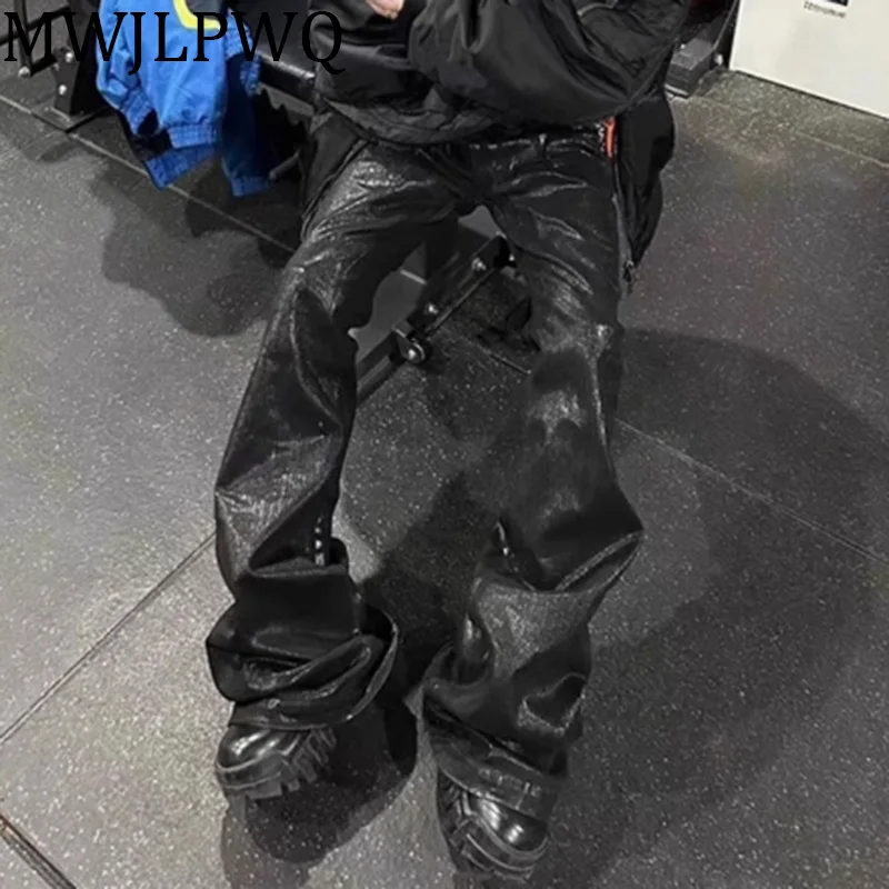 

MWJLPWQ Ro Style Coating Micro Jean Men's American High Street Elastic Tide Ins Ribbon Niche Design Full Length Pants 010541