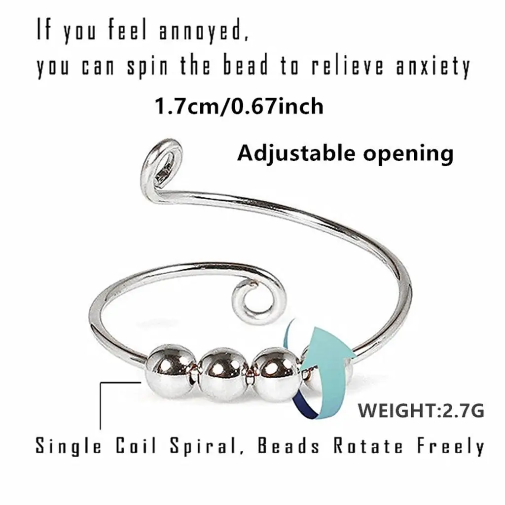 Rotating Beads Spinner Ring for Anxiety Relief Silver Adjustable Fidget Toy for Adults Kids