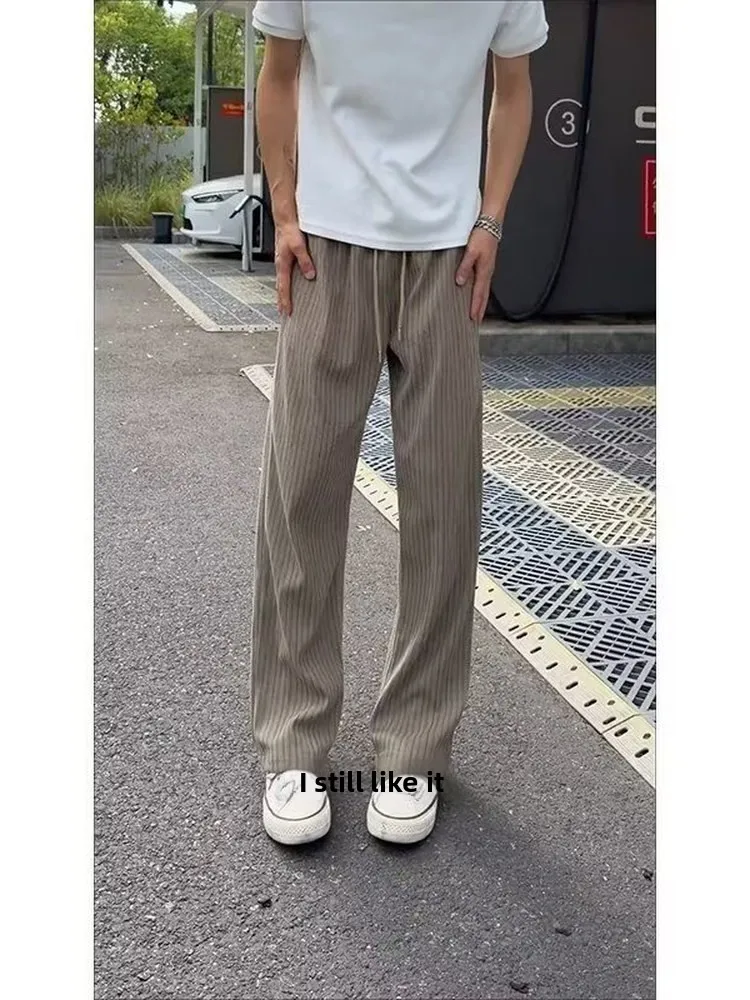 Retro Japanese Style Men's Wide Leg Pants Vertical Stripe Texture Drapey Floor-Length Simple Straight Casual Trousers