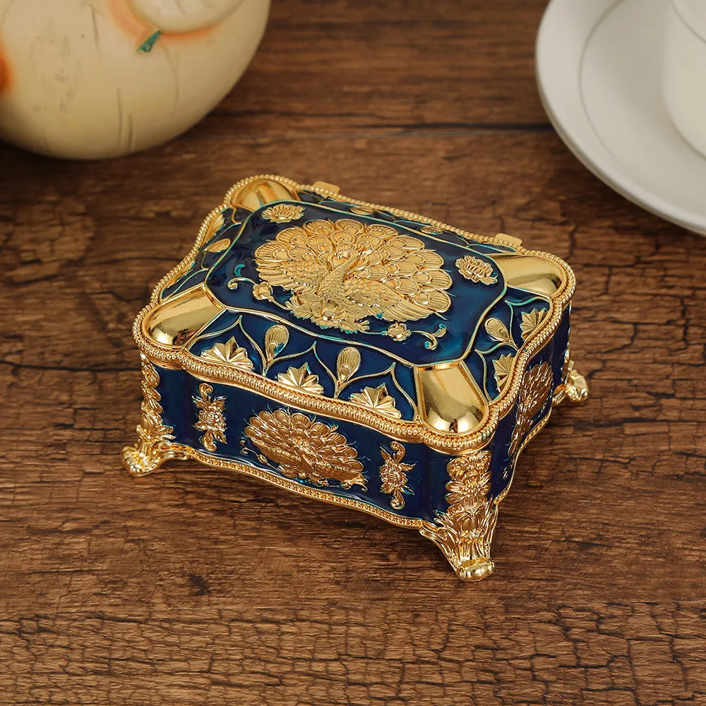 Vintage Metal Jewelry Box with Peacock Pattern Trinket Organizer Box Rectangular Keepsake Storage Box for Ring Earrings Necklace