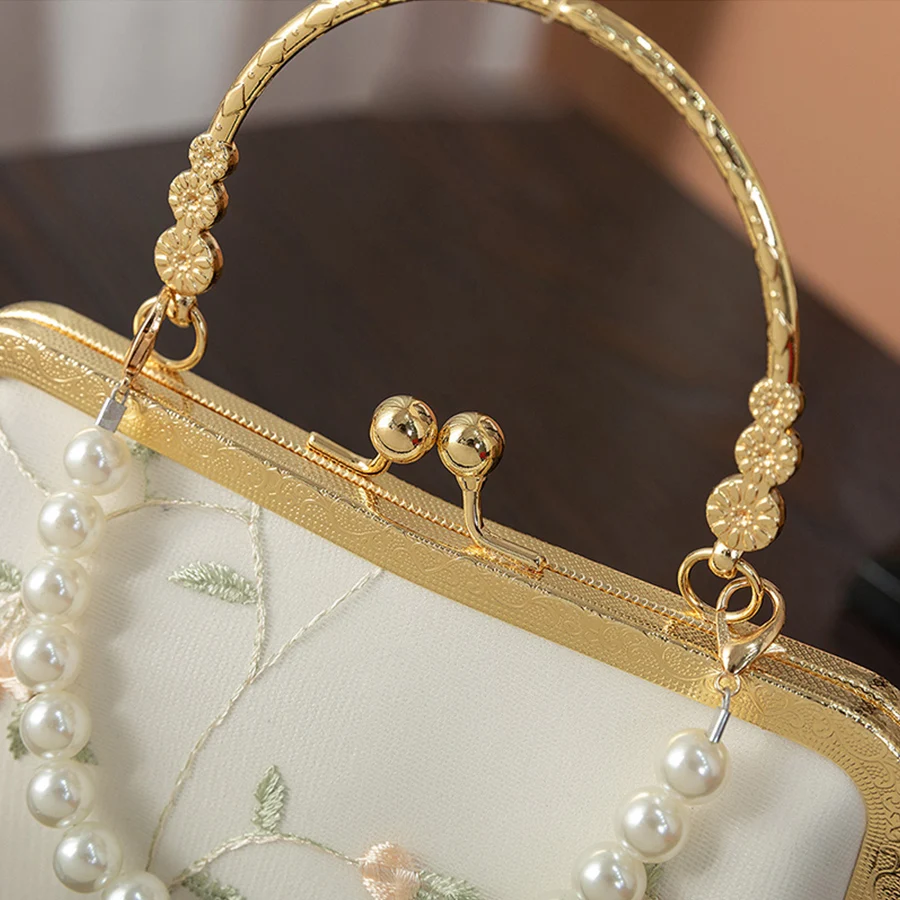 Vintage Lace Embroidery Women Handbag Shell Metal Clip Clutch Purse Pearl Chains Ladies Small Shoulder Crossbody Bag Sacs a main