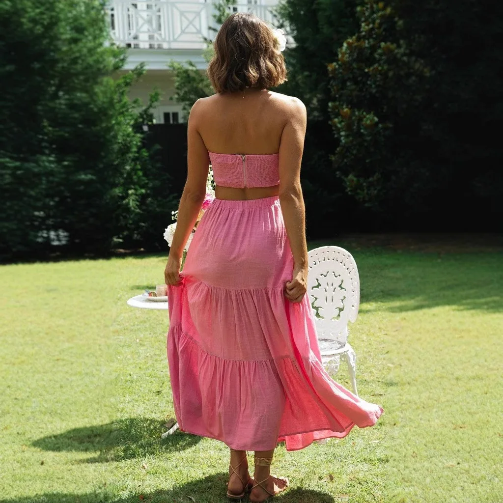 

2025 Spring/Summer New Solid Color Chest Wrapping Sexy Off Shoulder Two Piece Dress Set 22043