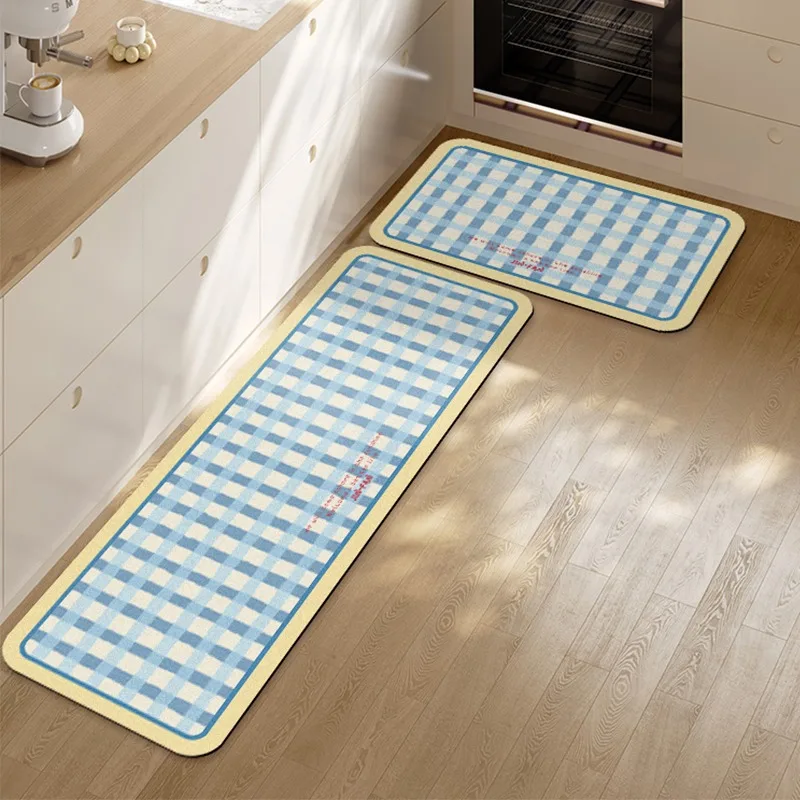 Kitchen Floor Mats Cute Plaid Carpet Pvc Leather Waterproof Rug Anti-slip Oil-proof Foot Mat Long Strip Home Decoration Carpets