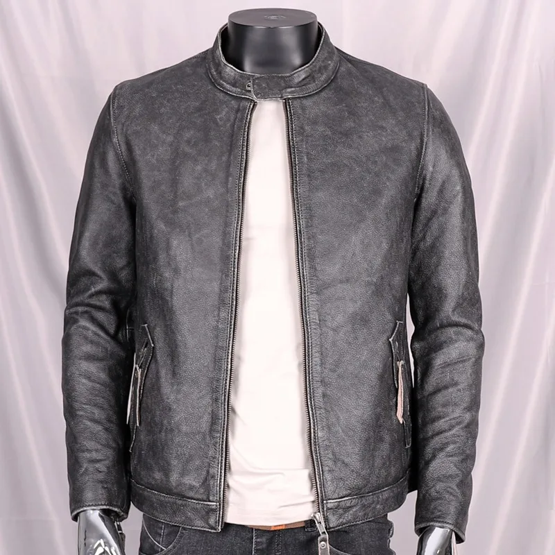 2024 Autumn Men's First Lyer Of Cowhide Leather Clothes Washed To Make Old Youth Male Short Slim-fit Simple Motorcycle Jackets