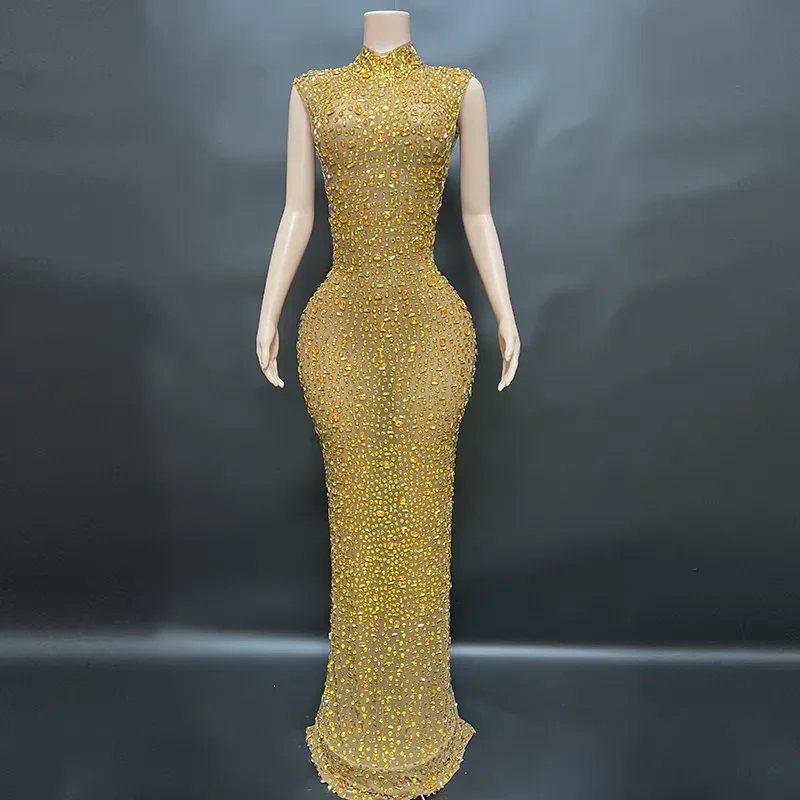 فستان طويل مطاطي بدون أكمام بحجر الراين الذهبي اللامع للنساء مثير شبكي للاحتفال بالسهرات والحفلات الراقصة وأعياد الميلاد ملابس التقاط الصور
