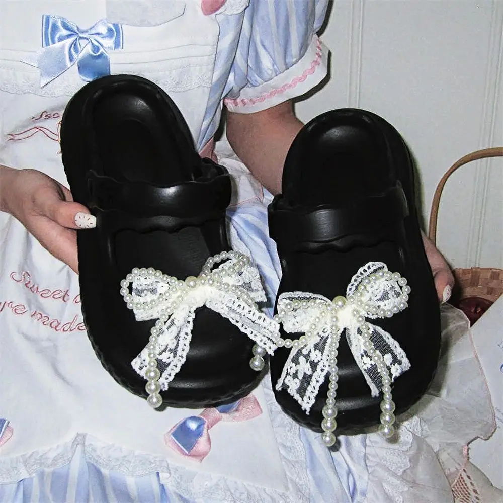 

Pearl Bow Sandals Soft Moe lolita Shoes Women Summer Seaside Vacation Baotou Slippers Women