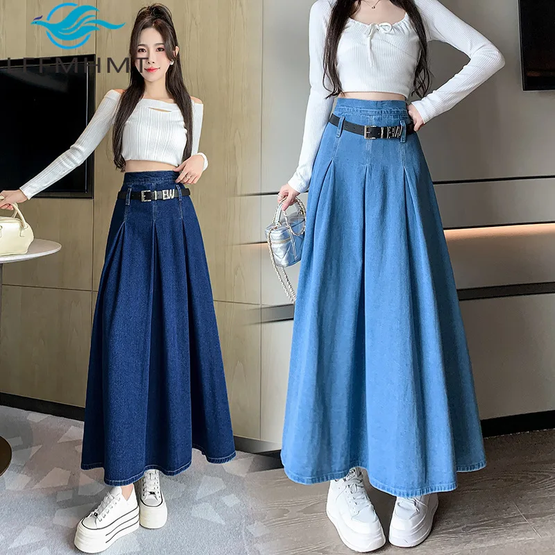 女性のためのエンパイアウエストプリーツスカート,モノクロ,空中ブランコカット,柔らかく快適,韓国ファッション,スリム,カジュアル,デニム生地ドレス