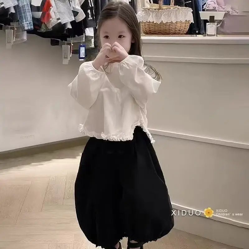 

Girls' Set Spring and Autumn New Style Children's Elegant Sweet Lace Bubble Sleeve Shirt+Loose Pants 2-piece Set
