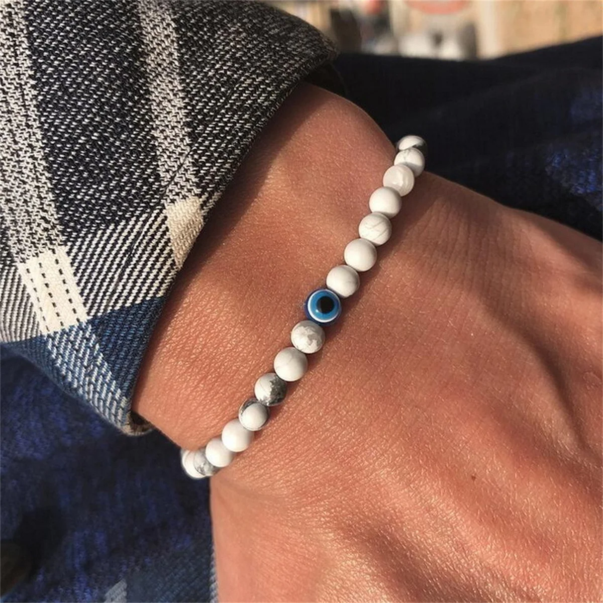 Turecki niebieski Evil Eye 6mm naturalny kamień bransoletki z koralików dla kobiet mężczyzn ręcznie robione demonicze oczy elastyczna bransoletka Lucky joga biżuteria