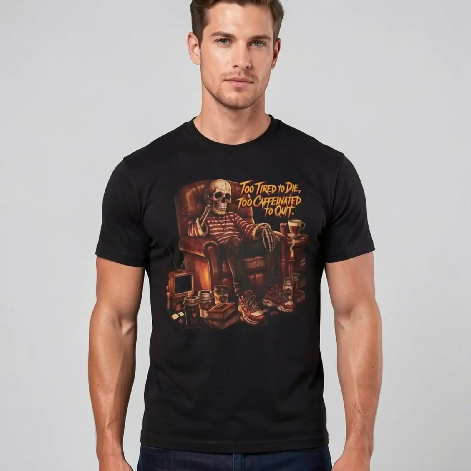 Skelett-Lounger-Illustration T-Shirt Vintage Totenkopfstuhl-Grafik Vintage Gewaschen Vielseitig Leicht Stilvoll Unisex