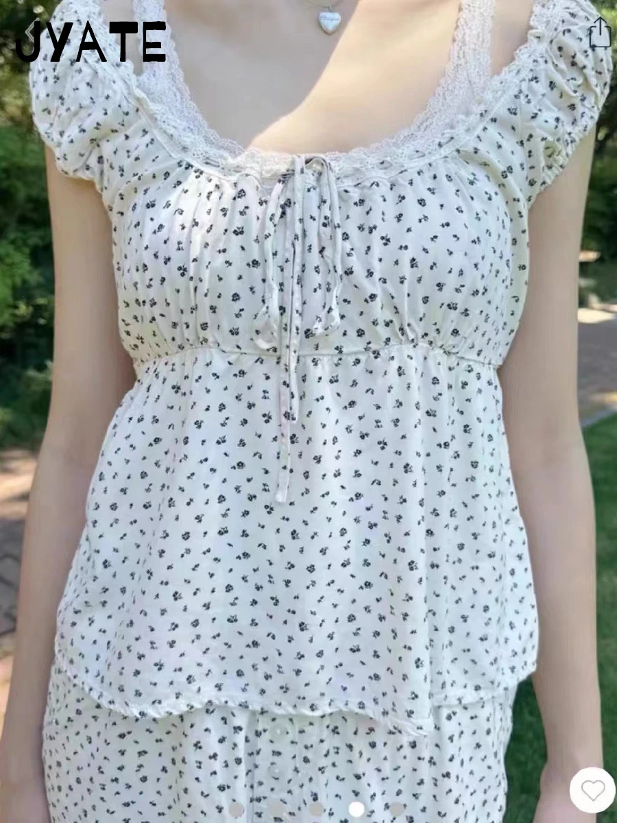 여성용 꽃 프린트 레이스업 코튼 티셔츠, 캐주얼 스퀘어 칼라, 퍼프 슬리브 티, 귀엽고 귀여운 빈티지 크롭탑, Y2K, 여름 신상