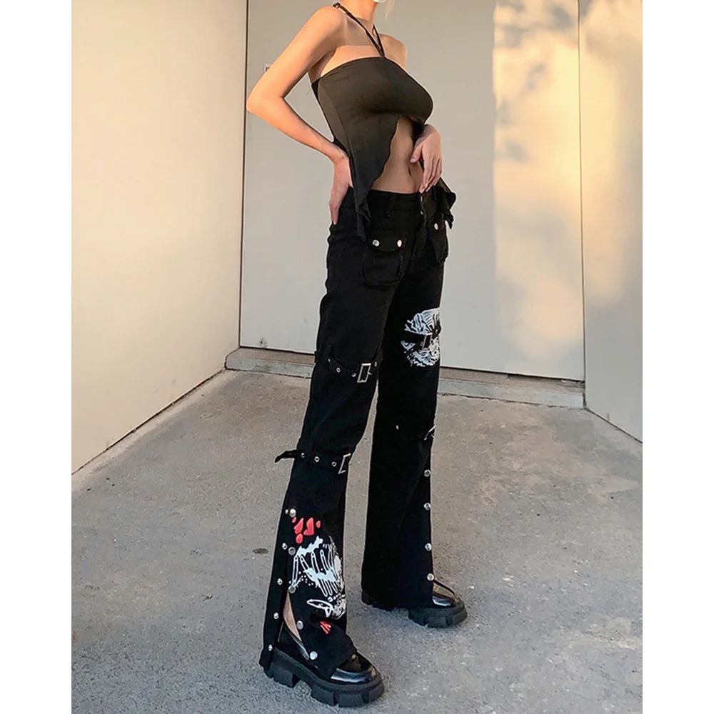 Women\'s dark street style fashionable metal buckle contrasting print high waisted workwear jeans Wide leg pants with split ends