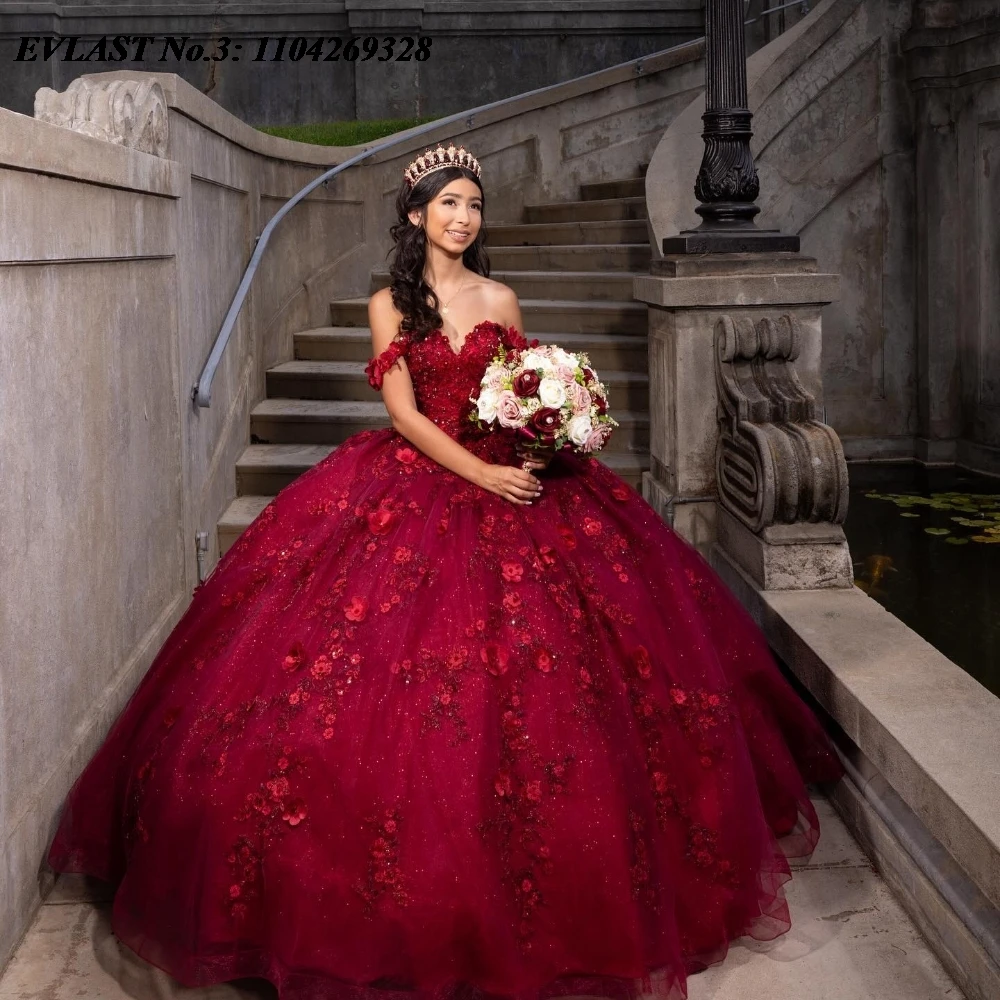 

EVLAST Customized Glitter Burgundy Floral Quinceanera Dress Ball Gown Applique Beading Mexico Sweet 16 Vestido De 15 Anos E3Q182